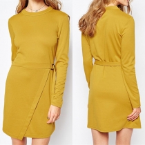 OL Style Solid Color Long Sleeve Round Neck Dress