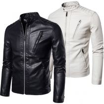 Fashion Solid Color Stand Collar Men's PU Leather Jacket