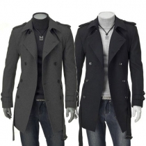 British Style Solid Color Double-breasted Men's Woolen Coat