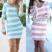 Fashion Lace Spliced Long Sleeve Round Neck Striped Dress