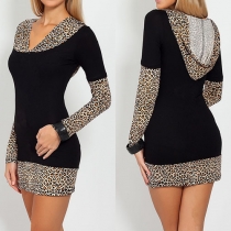 Sexy V-neck Leopard Spliced Long Sleeve Hooded Dress