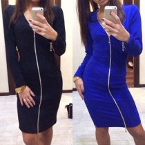 Fashion Solid Color Long Sleeve Zipper V-neck Slim Fit Dress