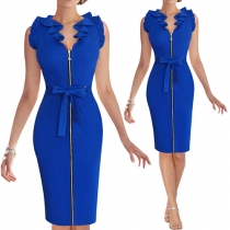 Elegant Solid Color Flouncing V-neck Sleeveless Slim Fit Dress