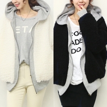 Fashion Contrast Color Long Sleeve Hooded Warm Coat