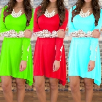 Fashion Solid Color Lace Spliced Long Sleeve Irregular Hem Dress