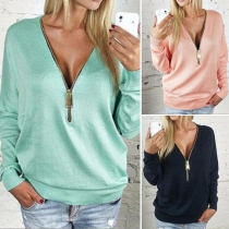 Fashion Solid Color Long Sleeve Zipper Deep V-neck Sweatshirt
