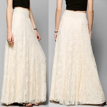 Elegant Solid Color High Waist Hollow Out Lace Maxi Skirt