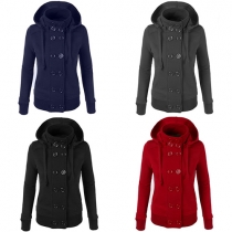 Fashion Solid Color Long Sleeve Double-breasted Hooded Coat