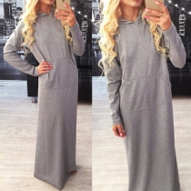 Retro Style Solid Color Long Sleeve Hooded Maxi Dress