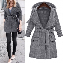 Retro Style Long Sleeve Hooded Knit Cardigan with Waist Strap