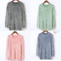 Fashion Solid Color Long Sleeve Round Neck Mohair Knit Sweater
