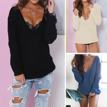 Sexy Deep V-neck Long Sleeve Solid Color Knit Sweater