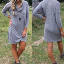 Fashion Solid Color Long Sleeve Turtleneck Gray Dress