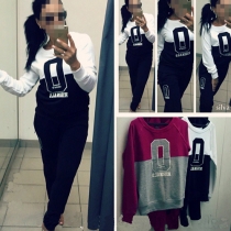 Fashion Contrast Color Letters Printed Long Sleeve Round Neck Sports Suit