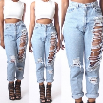 Retro Style High Waist Distressed Ripped Relaxed-fit Jeans