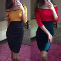 Sexy Slash Neck Long Sleeve Slim Fit Contrast Color Dress