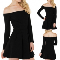 Sexy Slash Neck Long Sleeve Slim Fit Black Dress