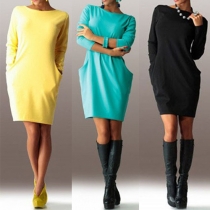 OL Style Solid Color Long Sleeve Round Neck Slim Fit Dress