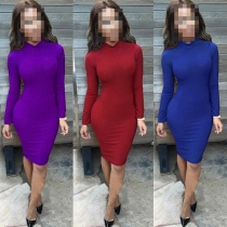 Sexy Backless Long Sleeve Turtleneck Solid Color Bodycon Dress