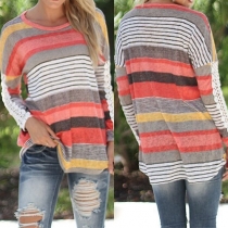 Fashion Lace Spliced Long Sleeve Round Neck Striped T-shirt