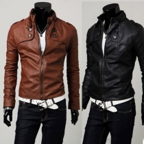 Fashion Solid Color Long Sleeve Stand Collar Men's PU Leather Jacket