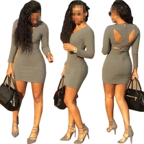 Sexy Hollow Out Long Sleeve Round Neck Solid Color Bodycon Dress