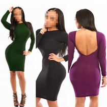 Sexy Backless Long Sleeve Round Neck Solid Color Bodycon Dress
