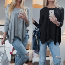 Fashion Solid Color Long Sleeve Irregular Hem Loose T-shirt