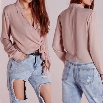 Sexy Deep V-neck Long Sleeve Knotted Hem Solid Color Chiffon Shirt