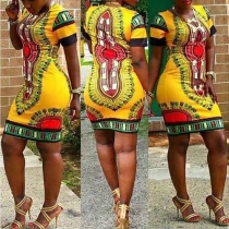 Ethnic Style Short Sleeve Round Neck Slim Fit Printed Dress