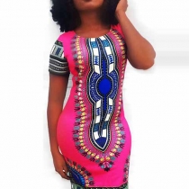 Ethnic Style Short Sleeve Round Neck Printed Dress
