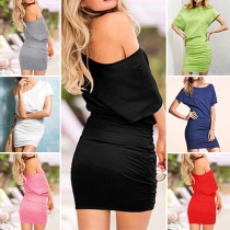 Sexy Off-shoulder Short Sleeve Solid Color Slim Fit Dress