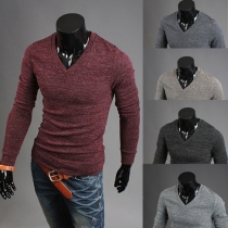 Fashion Solid Color Long Sleeve V-neck Men's Knit Tops