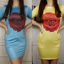 Fashion Half Sleeve Round Neck Flowers Printed Dress