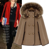 Fashion Solid Color Double-breasted Hooded Cape-style Woolen Coat