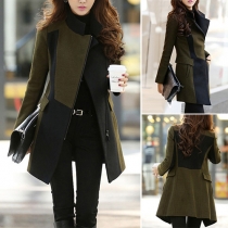 OL Style Contrast Color Long Sleeve Slim Fit Woolen Coat