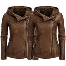 Fashion Solid Color Long Sleeve Hooded PU Leather Jacket