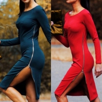 Fashion Solid Color Long Sleeve Round Neck Side Zipper Slim Fit Dress