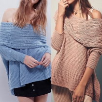 Sexy Off-shoulder High-low Hem Long Sleeve Knit Sweater