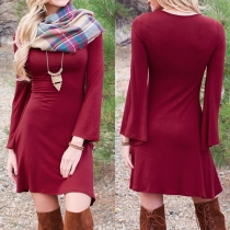 Fashion Solid Color Trumpet-sleeve Round Neck Dress