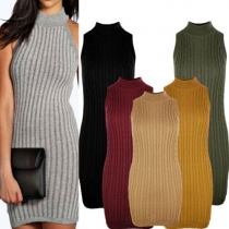 Fashion Solid Color Sleeveless Turtleneck Knit Sheath Dress