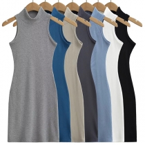 Fashion Solid Color Sleeveless Turtleneck Knit Sheath Dress