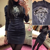 Fashion Solid Color Long Sleeve Slim Fit Printed Dress