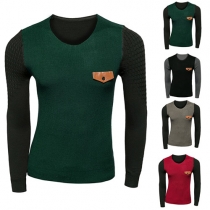 Fashion Contrast Color Long Sleeve Round Neck Men's Knit Tops