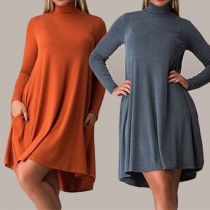 Fashion Solid Color Long Sleeve Turtleneck Loose Dress