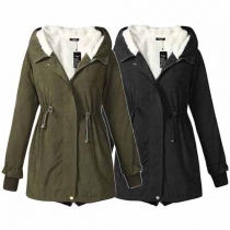 Fashion Solid Color Long Sleeve Gathered Waist Hooded Warm Coat