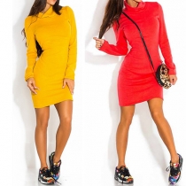 Fashion Solid Color Long Sleeve Turtleneck Slim Fit Dress