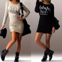 Fashion Letters Printed Long Sleeve Round Neck Slim Fit Dress