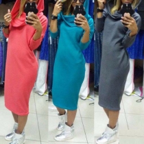 Fashion Solid Color Long Sleeve Hooded Dress