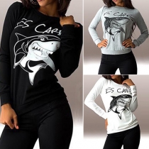 Fashion Solid Color Long Sleeve Round Neck Printed T-shirt